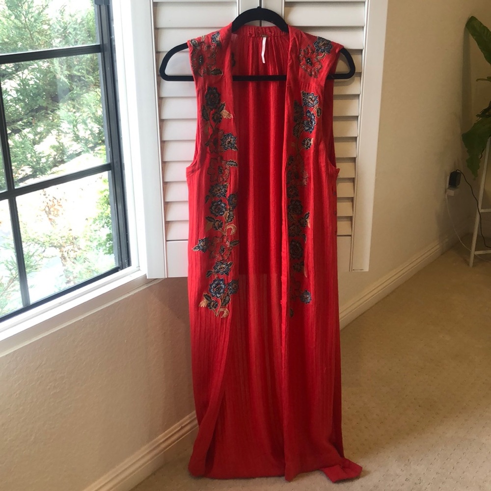 red embroidered kimono